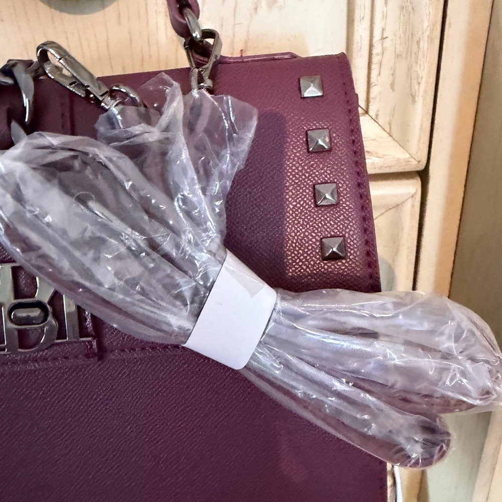 Badgley Mischka Burgundy Studded Satchel - Picture 5 of 6